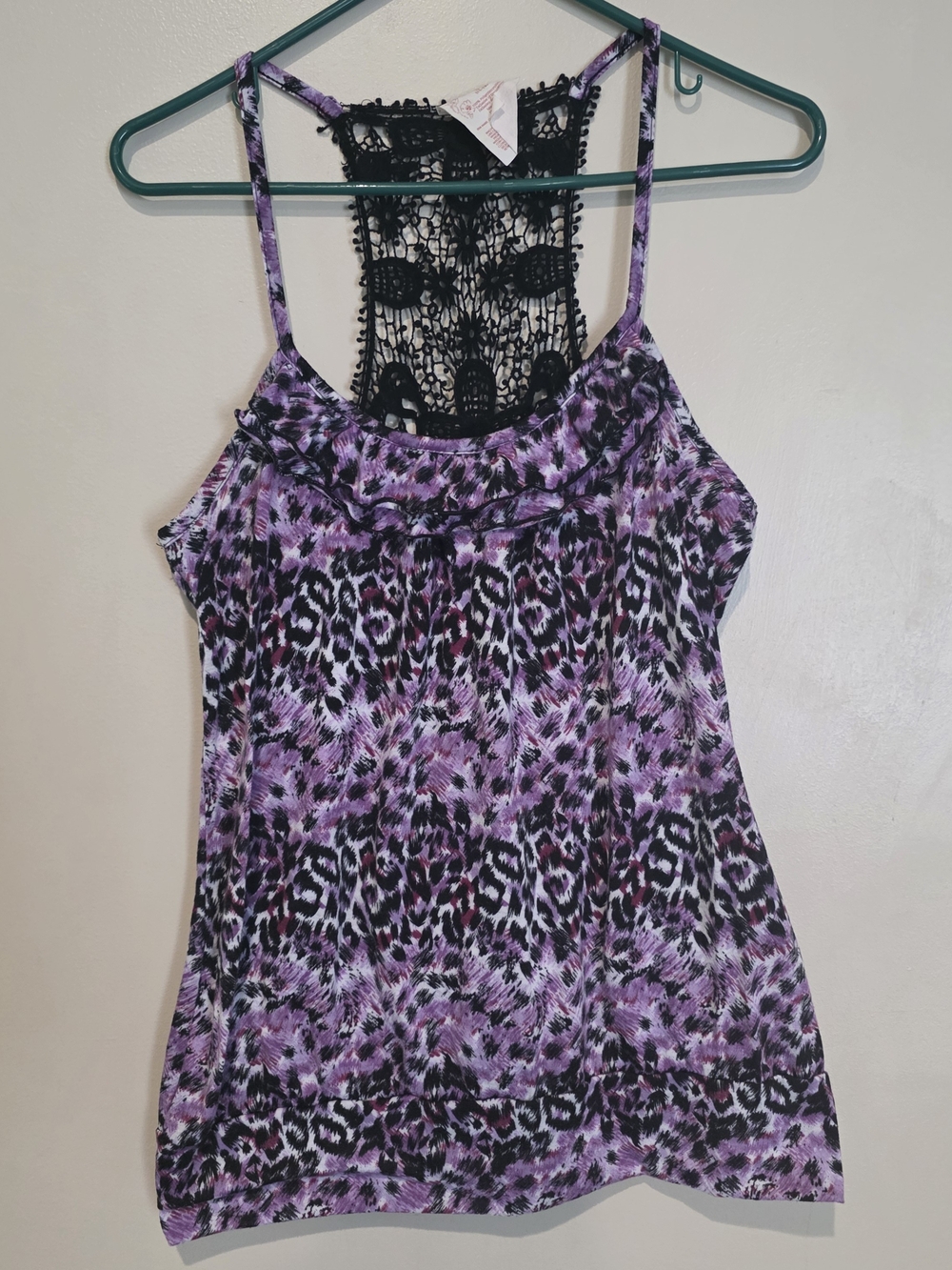 No Boundaries Purple Black White Animal Print Lace Ruffle Camisole Tank L/G Y2K